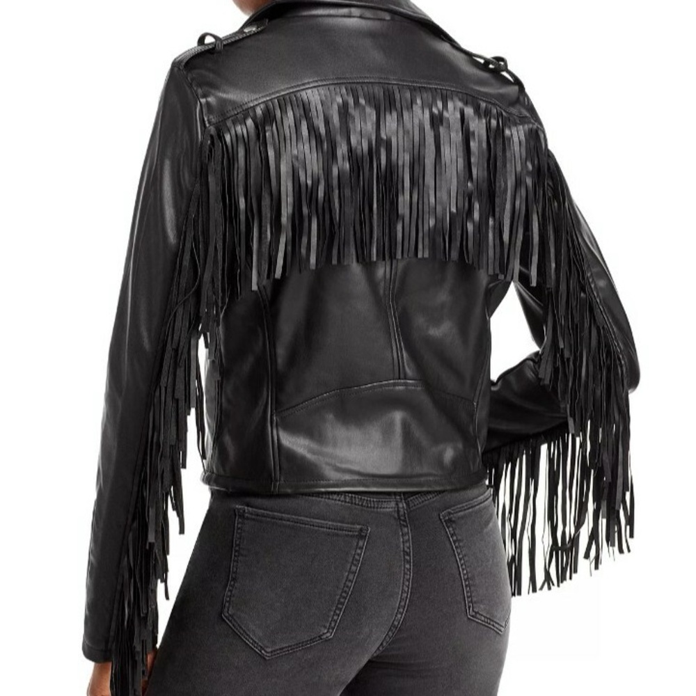 Aqua Black Leather Jacket with Fringe